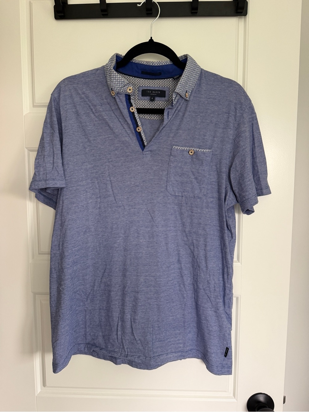 Ted Baker Men’s Heather Blue Short-Sleeve Polo with Patterned Collar